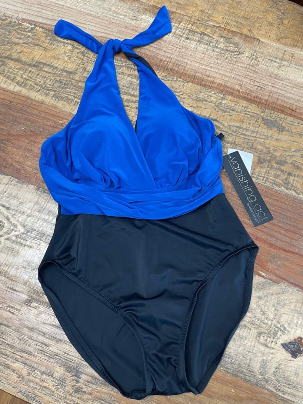 Vanishing Act size 12 Magic Brands One Piece Swimsuit halter blue black slimming
